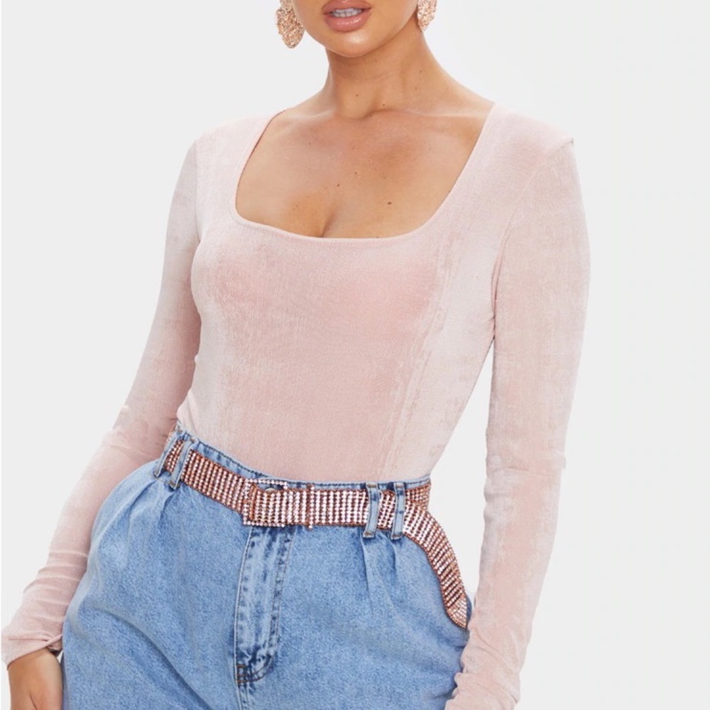 PrettyLittleThing Pink Slinky Long Sleeve Bodysuit (Size 6)